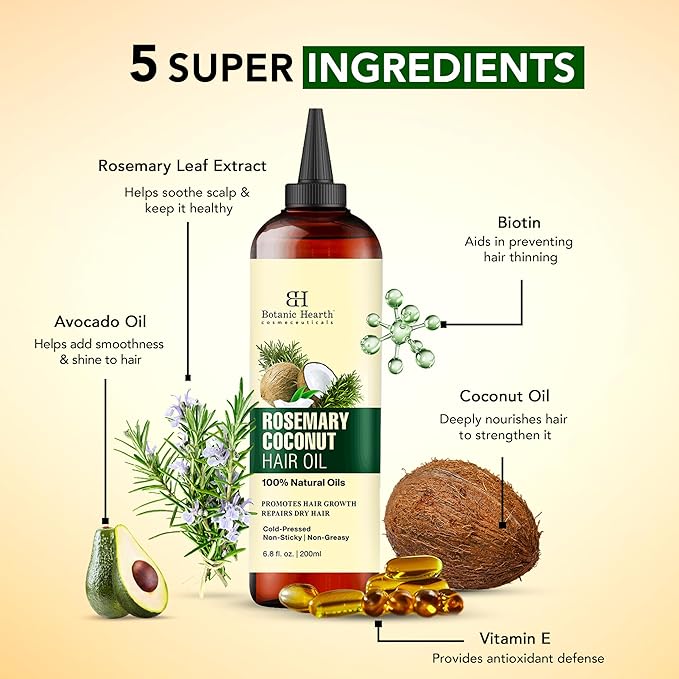 Botanic Hearth 100% Pure Rosemary Biotin Oil For Hair Growth & Hair Treatment Oils 6.7 Fl oz | Infused with coconut Oil | Hair Oil Repairs Dry Damaged Hair, Strengthening, Healthier | All Hair Types