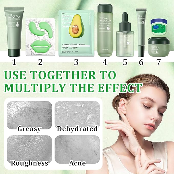 10 Pcs Avocado Skin Care Set with Facial Cleanser,Toner,Face Serum,Face Cream,Eye Cream,Moisturizing Lip Balm,Under Eye Patch and Lip Mask,Hydrating Face Sheet Masks Skin Care Facial Kit for Women