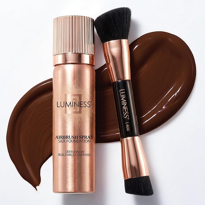 LUMINESS Silk Airbrush Spray Foundation & Buffing Brush Kit – Full Coverage Foundation & Dual-Sided Buffing Brush - Buildable Coverage, Anti-Aging Formula Hydrates & Moisturizes (Shade - Rich)