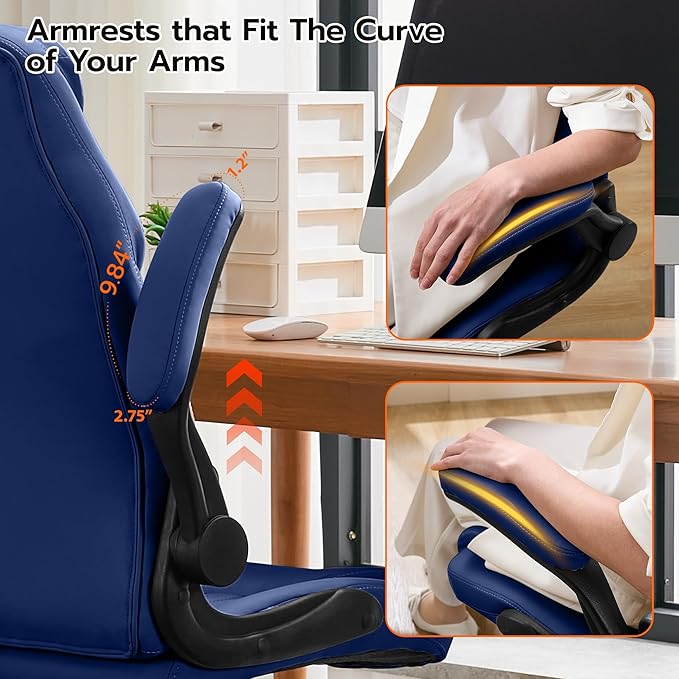 Office Desk Chair, Ergonomic Computer Chair with Padded Flip-Up Arms and Adjustable Lumbar Support, PU Leather Executive Chair with Tilt Lock and 360° Swivel Rolling Wheels for Work, Study