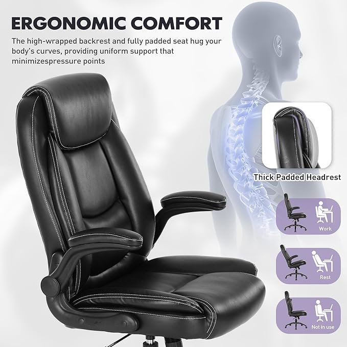 Ergonomic PU Leather Office Chair Set of 2 with Flip-Up Armrests & Reclining Backrest, 300lbs Thick Padded Seat Executive Desk Chair-Adjustable Height & Tilt Tension, Brown, Black