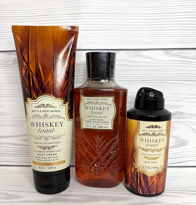 Bath & Body Works Men's Whiskey Toast 3-in-1 Hair, Face & Body Wash, Cream, and Spray 3 Piece Set