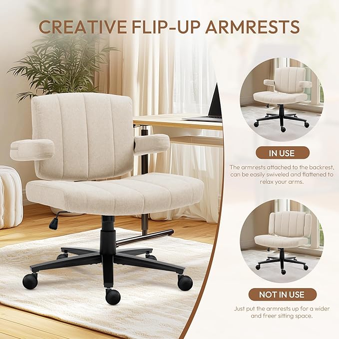 White Criss Cross Office Chair with Wheels, Ergonomic Wide Seat Vanity & Dressing Table Chair, Adjustable Arms Swivel Rolling Desk Chair for Women, Comfortable Cross-Legged Support