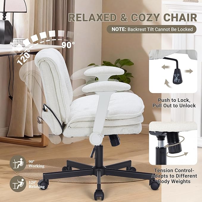 Criss Cross Chair with Wheels and Flip Arms, Upholstered Cross Legged Office Chair with 3 Layer Cushions&Dynamic Airbag Lumbar Support, Wide Seat Comfy Desk Chair for Home Office, Living Room, Beige