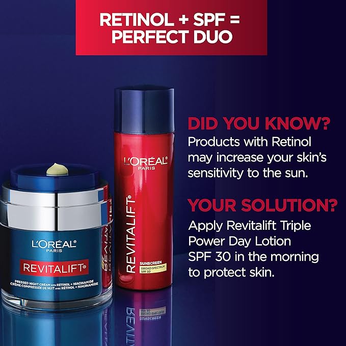 L'Oreal Paris Revitalift Pressed Night Cream,Retinol + Niacinamide,Reduces Wrinkles,Fragrance Free,1.7 oz + Serum Sample,(Pack of 2)