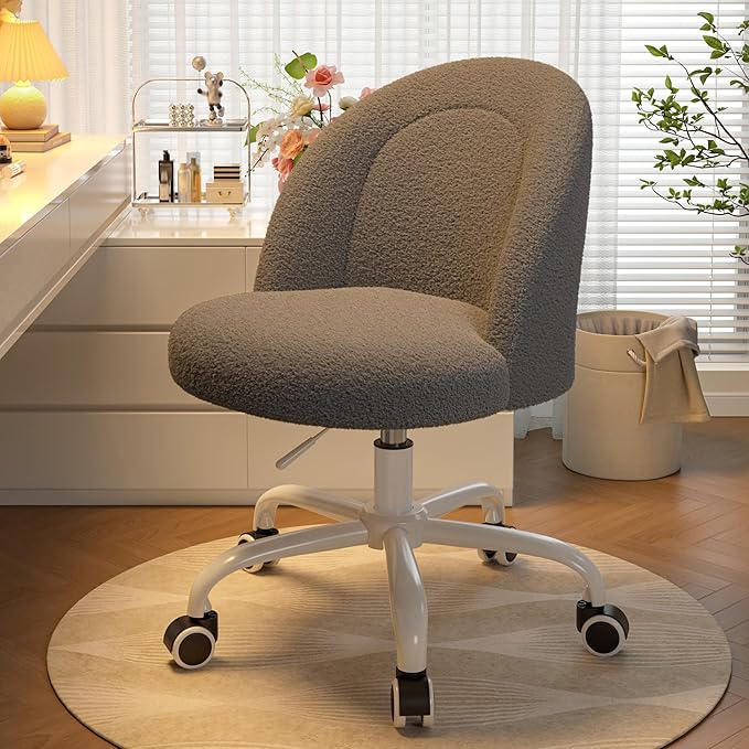 Vanity Chair with Back, Cute Desk Chair with Wheels, Armless Office Chair Height Adjustable, Soft Lumbar Support for Small Space, Bedroom, Grey