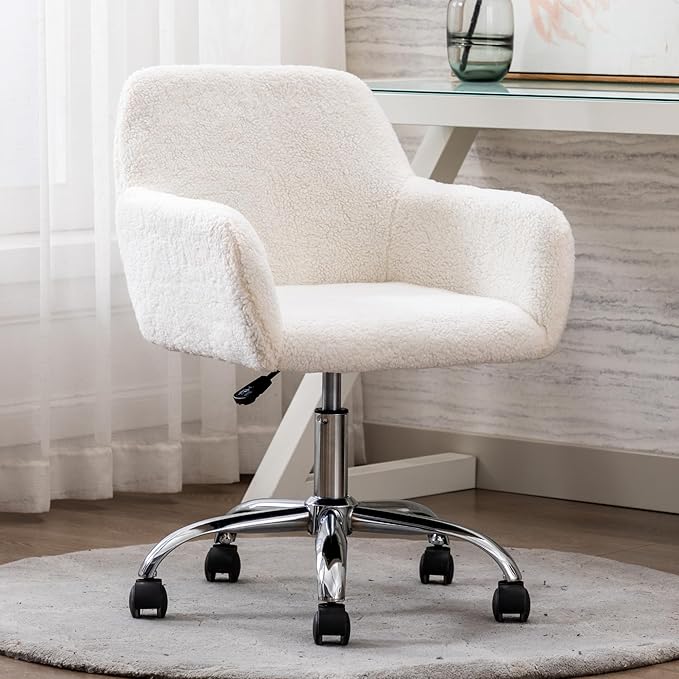 Faux Fur 360°Swivel Desk Chair, Height Adjustable Home Office Armchair with Slivery Base for Teens Women Girls, Upholstery Computer Chair for Home Studios, Sherpa & White