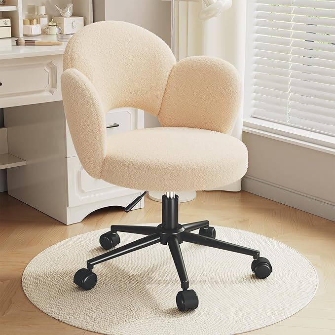 Petal Vanity Chair, Cute Vanity Chair with Wheels, Height Adjustable, Velvet Desk Chair for Study, Makeup & Relaxation, Creamy Beige