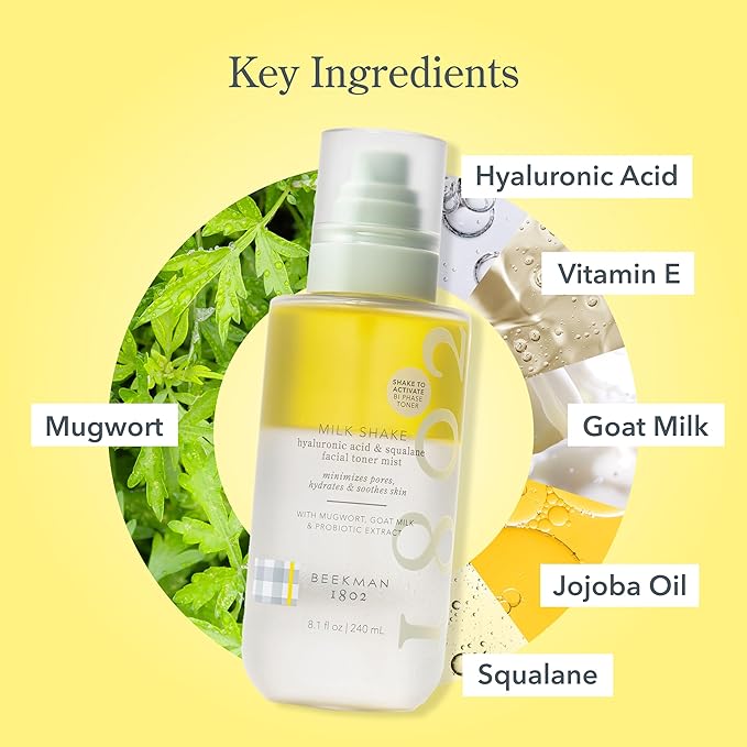 Beekman 1802 Milk Shake Hydrating Toner & Face Mist (8.1 fl oz) + Oh! Mega Milky Oil Facial Oil (1 fl oz) – Hydrating Skincare Safe for Sensitive Skin – Cruelty Free – Packaging May Vary
