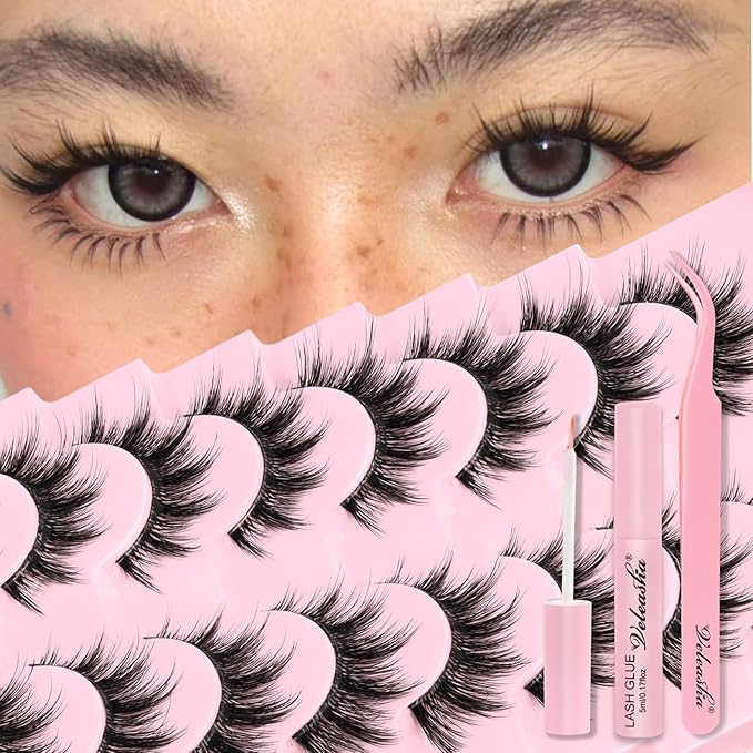 Veleasha Lashes Kit Manga Eyelashes Cat Eye Lash with Clear Band Spiky Lashes Natural False Eyelashes Cospaly Strip Lashes Anime Wispy Korean Fake Eyelash 8 Pairs with Glue&Tweezers(Sunny Clear Kit)