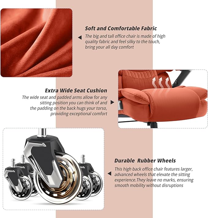 Big and Tall Office Chair 700lbs- Fabric High Back Executive Computer Chair with Adjustable Lumbar Support 3D Flip Arms Plus Size Rubber Wheels- Extra Wide Large Desk Chairs, Heavy Duty Metal Base