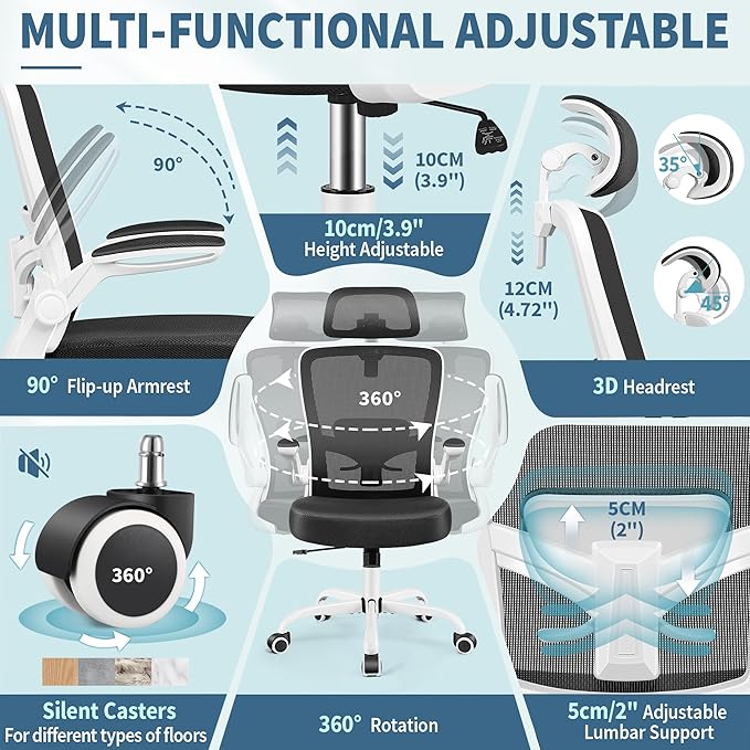 FelixKing Office Chair, Desk Chair with Adjustable Lumbar Support, Ergonomic Computer Chair with High Back and Armrest, Adjustable Height Gaming Chair Home Office Swivel Chair(White)