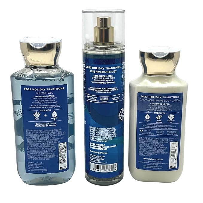 Bath & Body Works - Iced Sugar Plum - 3 pc bundle - Shower Gel 10 fl oz, Fine Fragrance Mist 8 fl oz, and Aloe + Vitamin E Body Lotion 8 fl oz