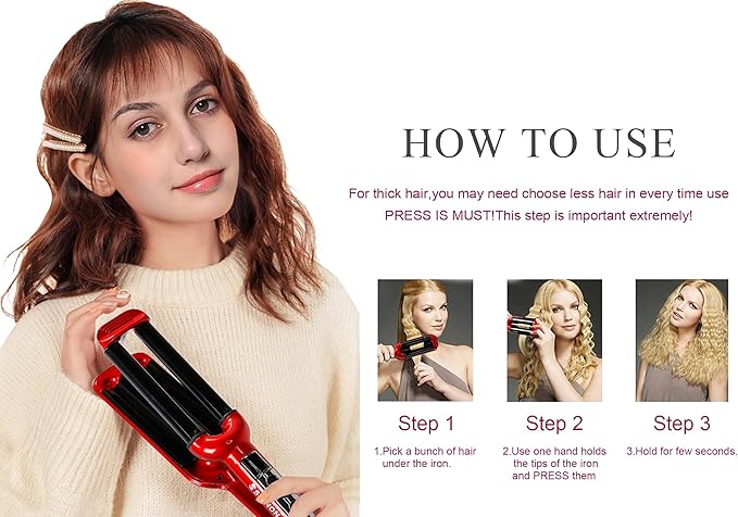 Ceramic Hair Crimper Iron Hair Waver 3 Barrel 0.6 inch / 16mm Perm Instant Curls Crimping Curling Iron Valentines Day Gifts for Women Professional Crimping Iron