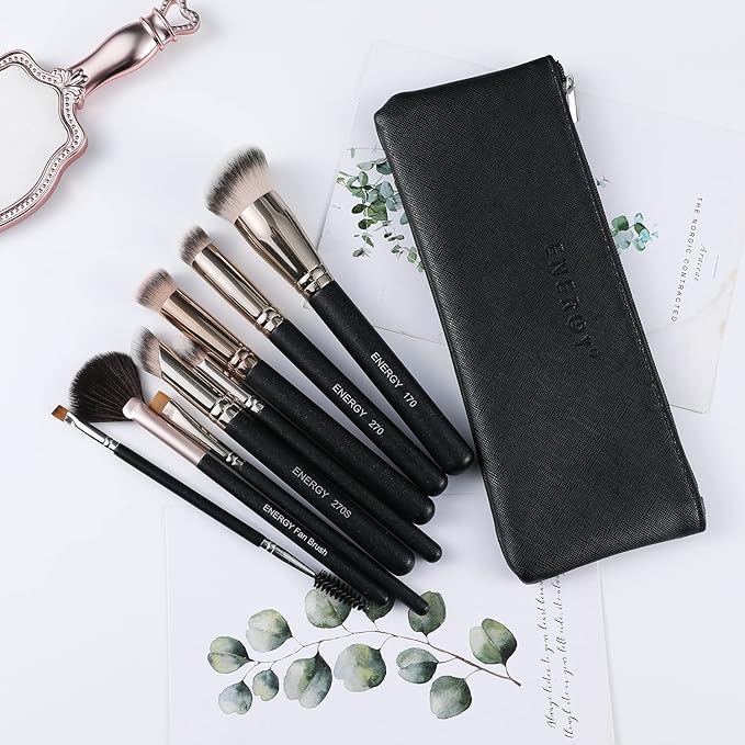 ENERGY Makeup Brushes Premium Synthetic Foundation Powder Concealers Eye Shadows Mascara Eyeliner Brow Fan Blush Makeup Brush Set with PU Cosmetic Bag,Professional Make Up Kit Black 8 Pcs