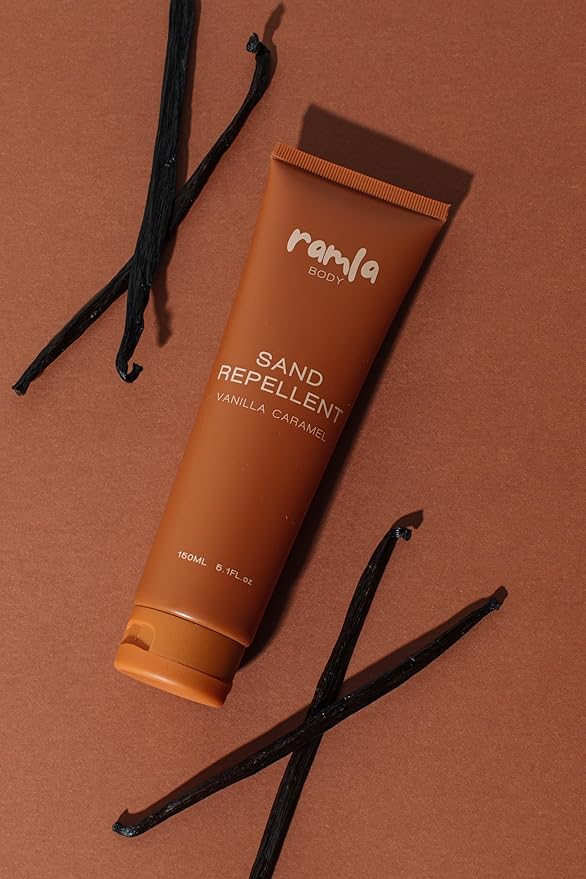 RAMLA Sand-Repellent Moisturizer – Lightweight, Non-Greasy Formula That Repels Sand – Hydrating Body Lotion for Beach Days – As Seen on Shark Tank (5.1oz, Vanilla Caramel)
