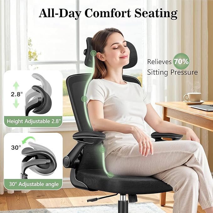 Ergonomic Office Desk Chair Comfy, High Back Mesh Office Desk Chairs with Adjustable Lumbar Support, Headrest, Flip-up Armrests, Home Computer Chair for Gaming, Work, 2 Pack