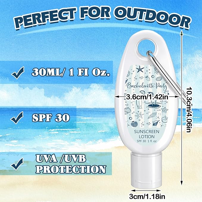 Leelosp 30 Pcs Mini Sunscreen with Carabiner Bulk Travel Size 1 Fl. oz. Spf 30 Water Resistant Mini Sunblock Lotion with Clip Last Toast on the Coast Bachelorette Party Favor Welcome Bags for Guest