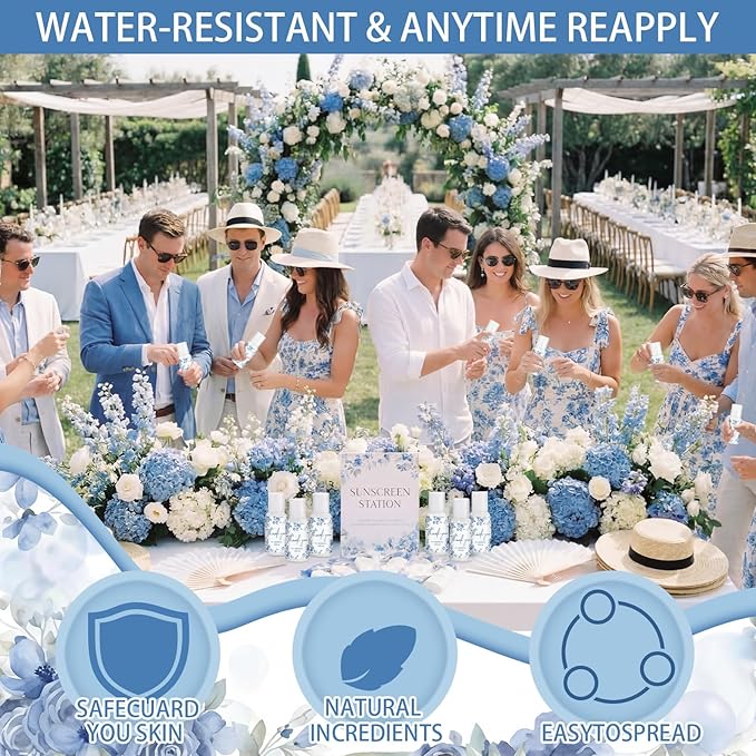 24 Pcs Blue and White Flowers Favors for Wedding Mini Sunscreen Bulk SPF 30 Travel Size 1 Fl. oz Sunscreen Bridal Wedding Baby Shower Party Favor for Guests Thank You for Celebrating with Us Gifts
