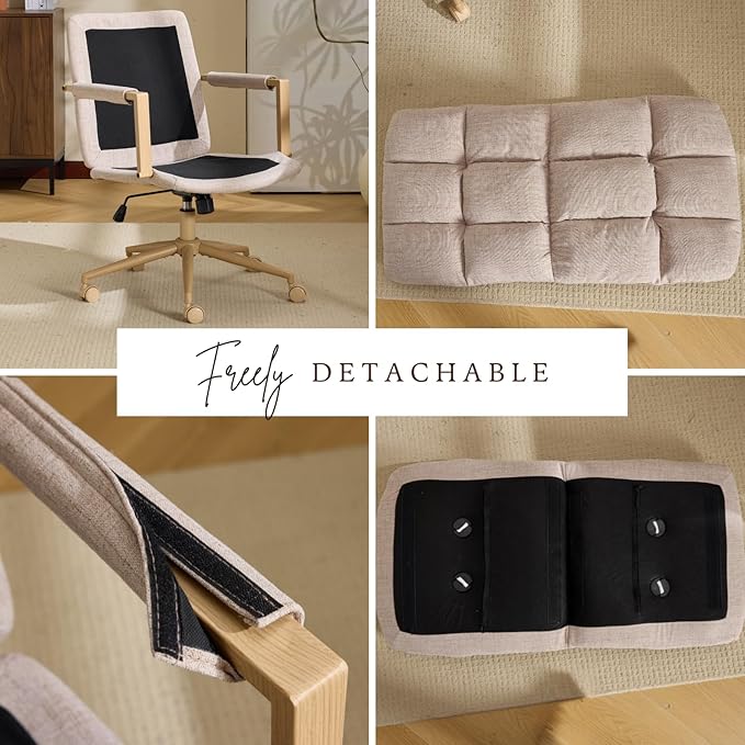 VINGLI Comfy Linen Office Desk Chair with Wheels & Detachable Cushions & Wood-Like Armrests,Swivel Small Computer Task Chair,Adjustable for Girl Makeup Vanity,Teen/Kids Study,Nail Tech,Sewing,Khaki