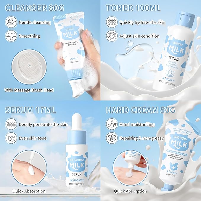 Milk Skincare Set for Kids & Teens 12PCS - Milk Skin Care for Girls Ages 8-12, Milk Extract Skincare for Beginners with Niacinamide & Hyaluronic Acid - Moisturizing Skin Kit for Daughter, Girls