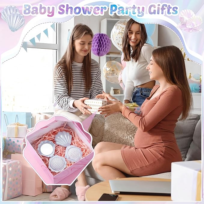Meanplan 12 Pcs Mermaid Party Favors Shell Hair Brush with Mirror Foldable Mini Travel Pocket Hair Brush Compact Makeup Comb for Women Girls Valentines Day Birthday Gifts(White)