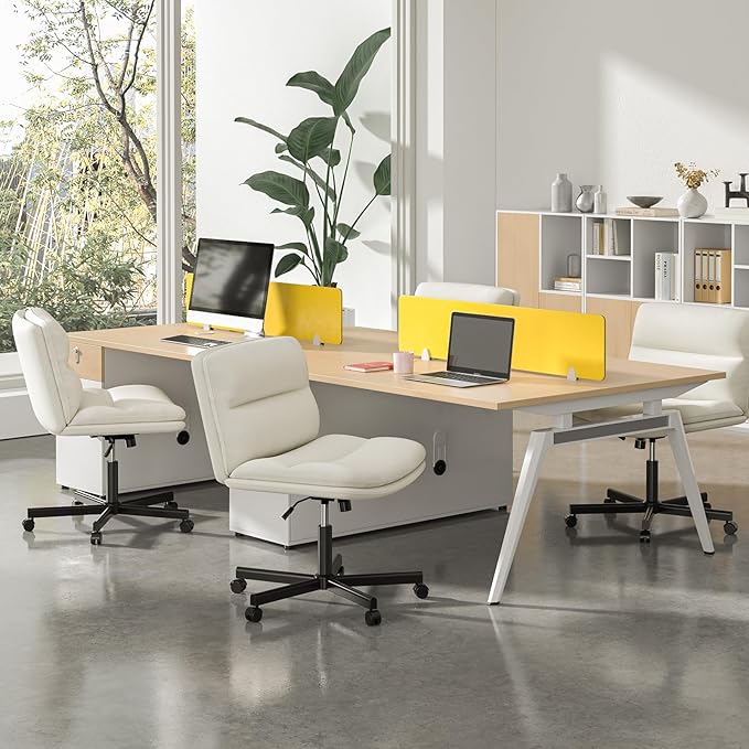 Rfiver Ergonomic Armless Criss Cross Chair with Height Adjustable and Swivel, Wide & Thickened Cushion Cross Legged Vanity Chair, Comfortable PU Leather Desk Chair for Computer Task and Make Up, White