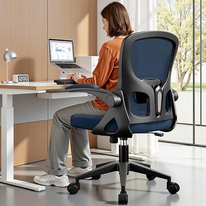 Office Chair Ergonomic Desk Chair, Adjustable Lumbar Support Rolling Swivel Comfy Chair with Space-Saving Flip Up Armrests, Mesh Gaming Chair for Business Work Office & Home,Blue