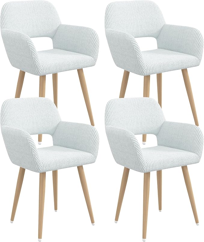 Home Office Desk Chair Set of 4, Corduroy Fabric Vanity Chair for Makeup with Hollow Backrest, Comfy Armchair Wood Frame with Strudy Metal Legs, Light Blue