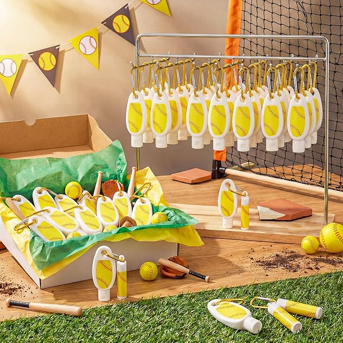 Demissle 12 Sets Softball Party Favors Mini Sunscreen and Sunscreen Lip Balms Bulk Spf 30 Travel Size 1oz Lotion with Carabiner Clip-on Lip Balms Packets for Team Women Birthday Gifts(Softball)