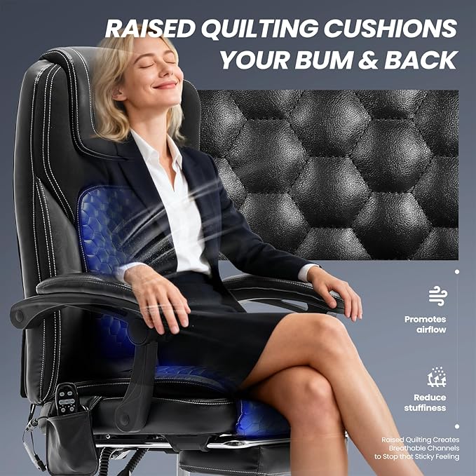 Massage Office Chair with 3-Level Heat and Footrest – 20-Min Easy Assembly, 300 lbs Big and Tall Desk Chair, PU Leather Ergonomic Executive Computer Chair with Side Pocket, Black,Set of 2