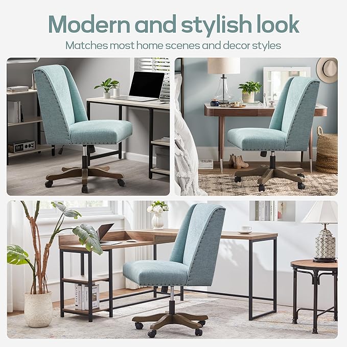 Armless Office Chair with Wooden Legs, Modern Adjustable Upholstered Home Office Desk Chair No Arms Sewing Chair Swivel Chair for Home Office Study Studio (Teal)