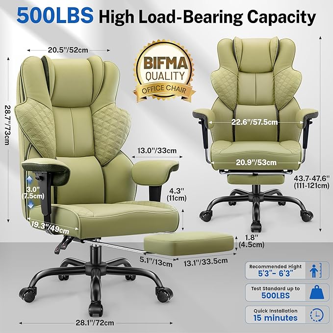FelixKing Big and Tall Office Chair 500lbs - Ergonomic Desk Chair with Footrest, Scratch-Resistant PU Leather Computer Chair, 4D Lumbar Support Gaming Chair, Comfy Reclining Swivel Work Chair, Green