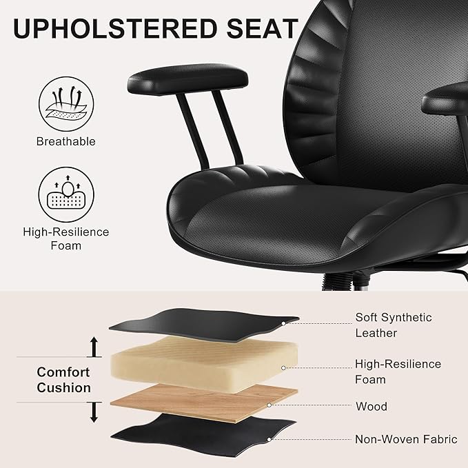 BFZ Home Office Desk Chair, Adjustable Comfy Desk Chair with Wheels, Comfortable Ergonomic Office Chair, Criss Cross Office Desk Chair with Back for Vanity,Home Office or Workspace, Black Leather
