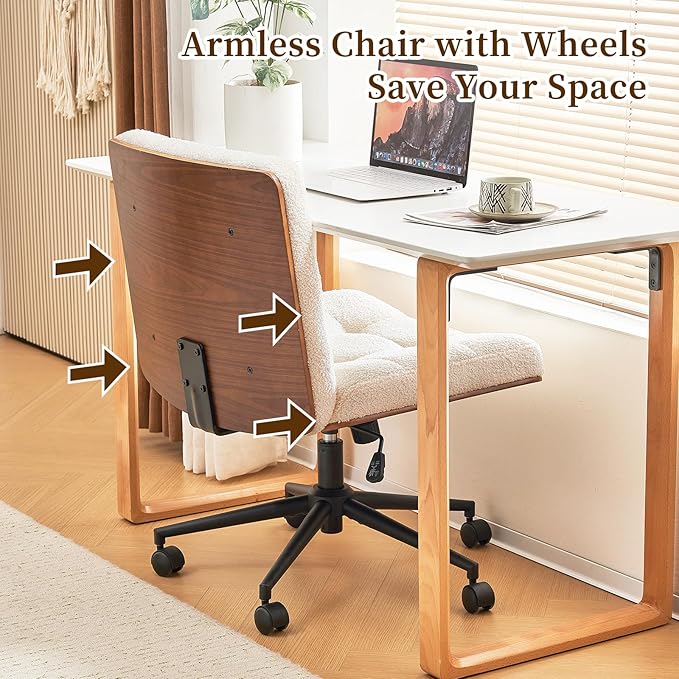 Furnimart Heavy-Duty FSC Wooden Wide Desk Chair, 360° Swivel Criss Cross Office Chair with Wheels, Comfy Cross Legged Sitting, Armless Rolling Chair for Bedroom, Office, Vanity (Faux Fur White)