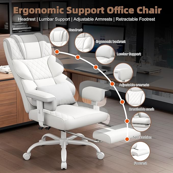 Vonesse Big and Tall Office Chair, Desk Chair with Soft Adjustable Armrests, Ergonomic High Back Gaming Chair with Lumbar Support, Executive Computer Chairs with Footrest (PU Leather, Ivory White)