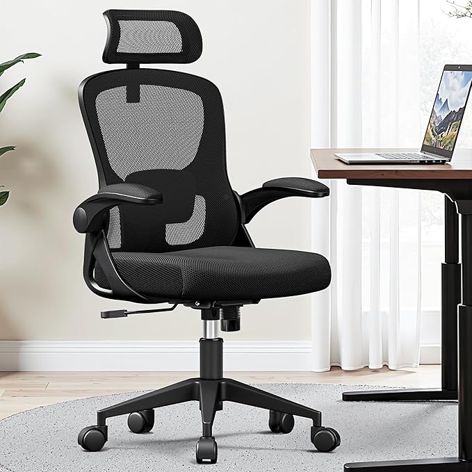 Ergonomic Office Chair, Mesh Desk Chair with Adjustable Headrest & Lumbar Support, Rolling Computer Chair with Flip-up Armrests, Comfy Swivel Home Office Chair for Long Hours (1, Light Black)