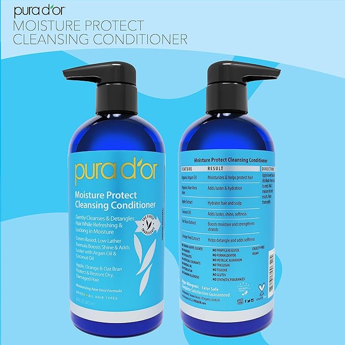 PURA D’OR Moisture Protect Cleansing Conditioner (16oz) Detangles & Restores Hair with Argan Oil,Lavender,No Sulfate,All Hair Types,Men & Women (Packaging may vary),(Pack of 2)