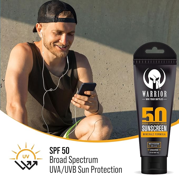 WARRIOR - WIN YOUR BATTLES- SPF 50 Sunscreen Lotion - 80 Minutes Water Resistant, Reef Safe, Unscented Lotion Non-Nao Zinc & Non-NanoTitanium Sunscreen with Mineral Formula - 3 Fl Oz - Pack of 2