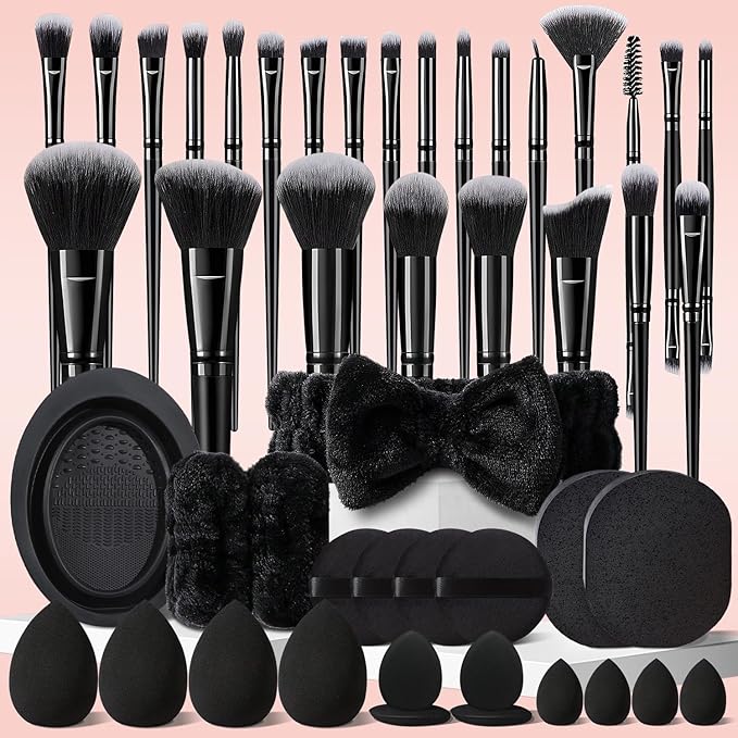 HGHDBT 47Pcs Black Makeup Brushes Set Professional Premium Synthetic for Blush Foundation Eye Shadow Concealer Powder Eye & Face Make up Brush Kit with Beauty Blender Sponge Set Tools