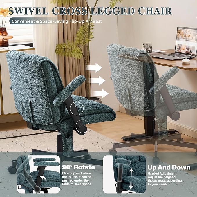 Criss Cross Legged Office Chair with Flip-Up Arms and Wheels, Wide Seat Desk Chair with Built-In Dynamic Airbag Lumbar Support, Modern Cross-Leg Chair for Home Office, Apartment, Vanity, Dark Green