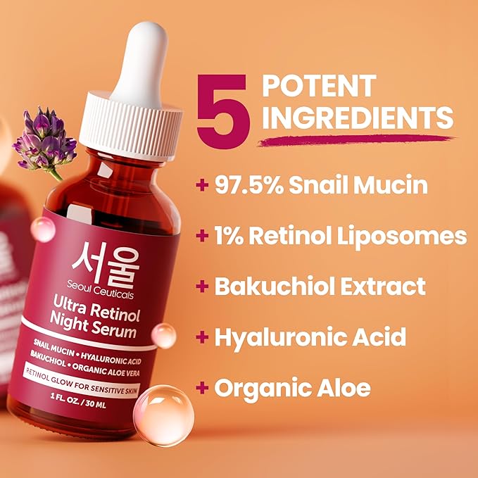 SeoulCeuticals 1% Korean Retinol Night Serum for Face - 97.5% Snail Mucin + Hyaluronic Acid + Bakuchiol, Cruelty Free K Beauty for Sensitive Skin 1oz (Pack of 2)
