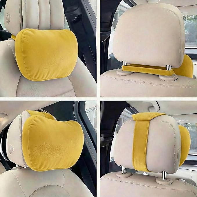 2PCS Car Pillow for Car Neck Pillow for Driving Seat Leather Neck Support Soft Cushion Back Support Head-Rests for Vehicle Sleeping with Elastic Adjustment Strap (Golden, Head and Lumbar)