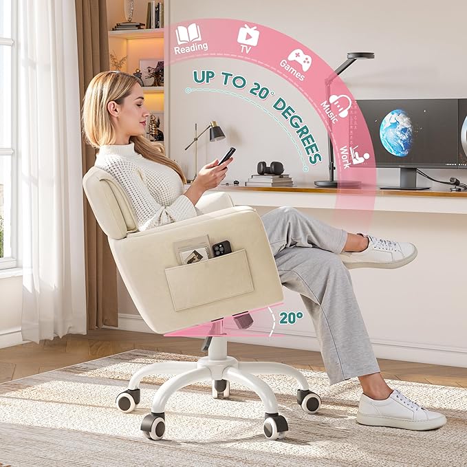 Vanity Chair with Wheels & Soft Velvet Fabric, Desk Chair Comfy with Back, Upholstered Home Office Chair with Side Pockets for Bedroom, Office, Make-up Room, Height Adjustable, Beige