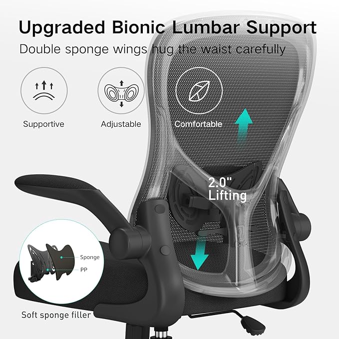 Hbada Office Chair Ergonomic Desk Chair, Office Chairs with PU Silent Wheels, Breathable Mesh Computer Chair with Adjustable Lumbar Support, Flip-up Armrests, Tilt Function, Black