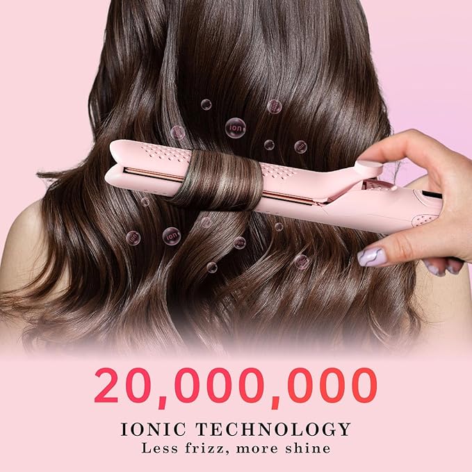 Hahahope Hair Straightener Curler 2-in-1: 1.25" Flat Iron for Women - Curling Wand 360° Airflow Cooling Vents Titanium Ionic for Less Frizz - 5 Temps & Auto Off Dual Voltage (Pink)