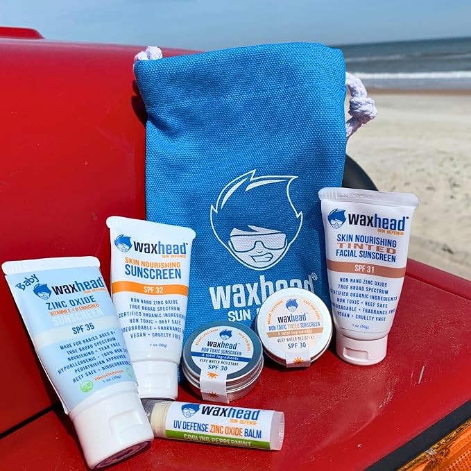 Waxhead Travel Size Sunscreen Sampler Box - Non-Nano Zinc Oxide, Coral Reef Safe, Biodegradable Sunblock SPF 30. Lip Balms, Solid Mini Paste Tins (.5oz) Tinted, Baby + Everyday (1oz) in Canvas Bag