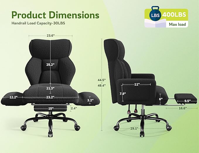 Big and Tall Office Chair with Adjustable Arms and Back, Ergonomic Office Chair with Footrest and Comfortable Fabric for Home Office, Bedroom ，Black