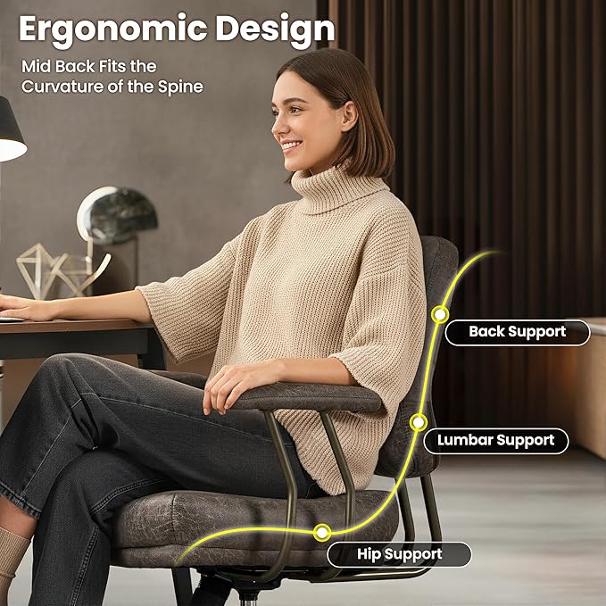 ovios Ergonomic Office Chair, Mid Back Faux Leather Executive Chairs with Thick Cushion, Comfy Mid-Century Modern Swivel Rolling Computer Armchair (Dark Grey, Suede Leather)