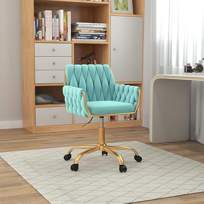Velvet Modern Home Office Vanity Chair, 360° Swivel Adjustable Height Makeup Desk Chair with Golden Base and Hand Woven Backrest for Bedroom/Study/Vanity (Teal)